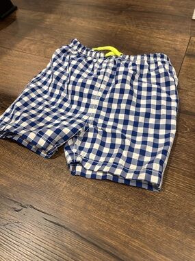 Baby Boden Blue and White Gingham Swim Trunks with Neon Yellow Drawcord